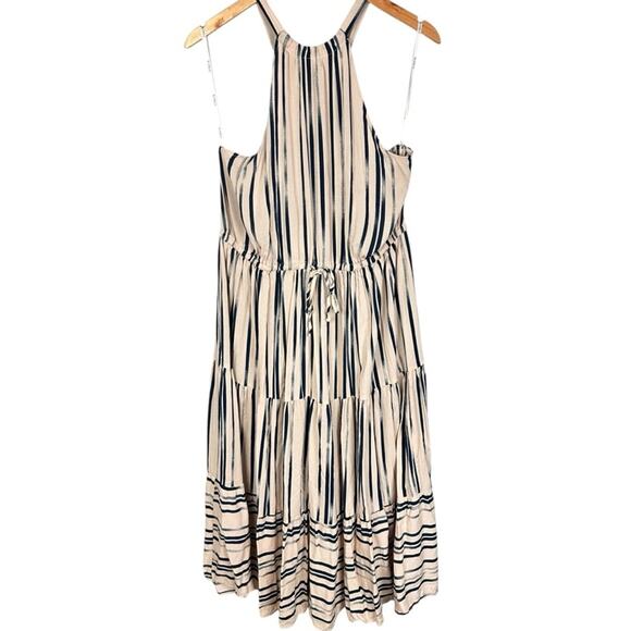 Eloquii Tiered Cream Blue Striped Sleeveless Halter Midi Dress Sz 14 Resortwear - Picture 2 of 9